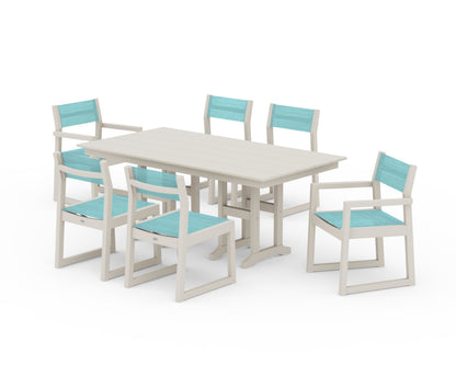 POLYWOOD® EDGE Sling 7-Piece Farmhouse Dining Set in Sand / Dupioni Aquamarine Sling