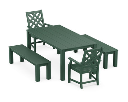 Country Living Wovendale 5-Piece Parsons Dining Set with Benches in Green