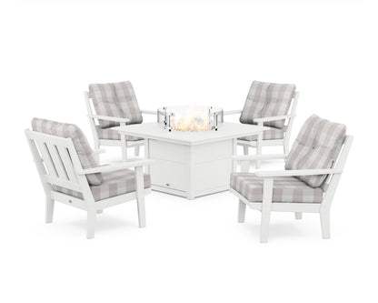 POLYWOOD® Oxford 5-Piece Deep Seating Set with Fire Pit Table in White / Buffalo Plaid Dune Burlap