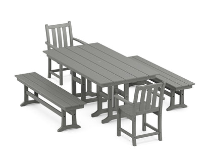 POLYWOOD® Traditional Garden 5-Piece Farmhouse Dining Set with Benches in Slate Grey