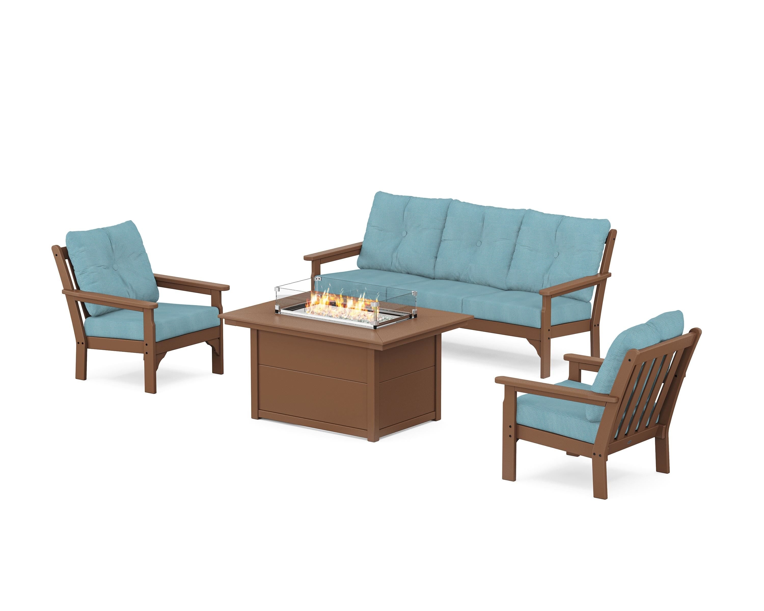 POLYWOOD® Vineyard Deep Seating Fire Pit Table Set in Teak / Lattice Sky Blue