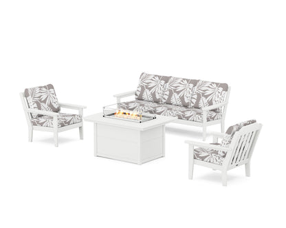 Country Living Cottage Deep Seating Fire Pit Table Set in White / Leaf Grey Mist