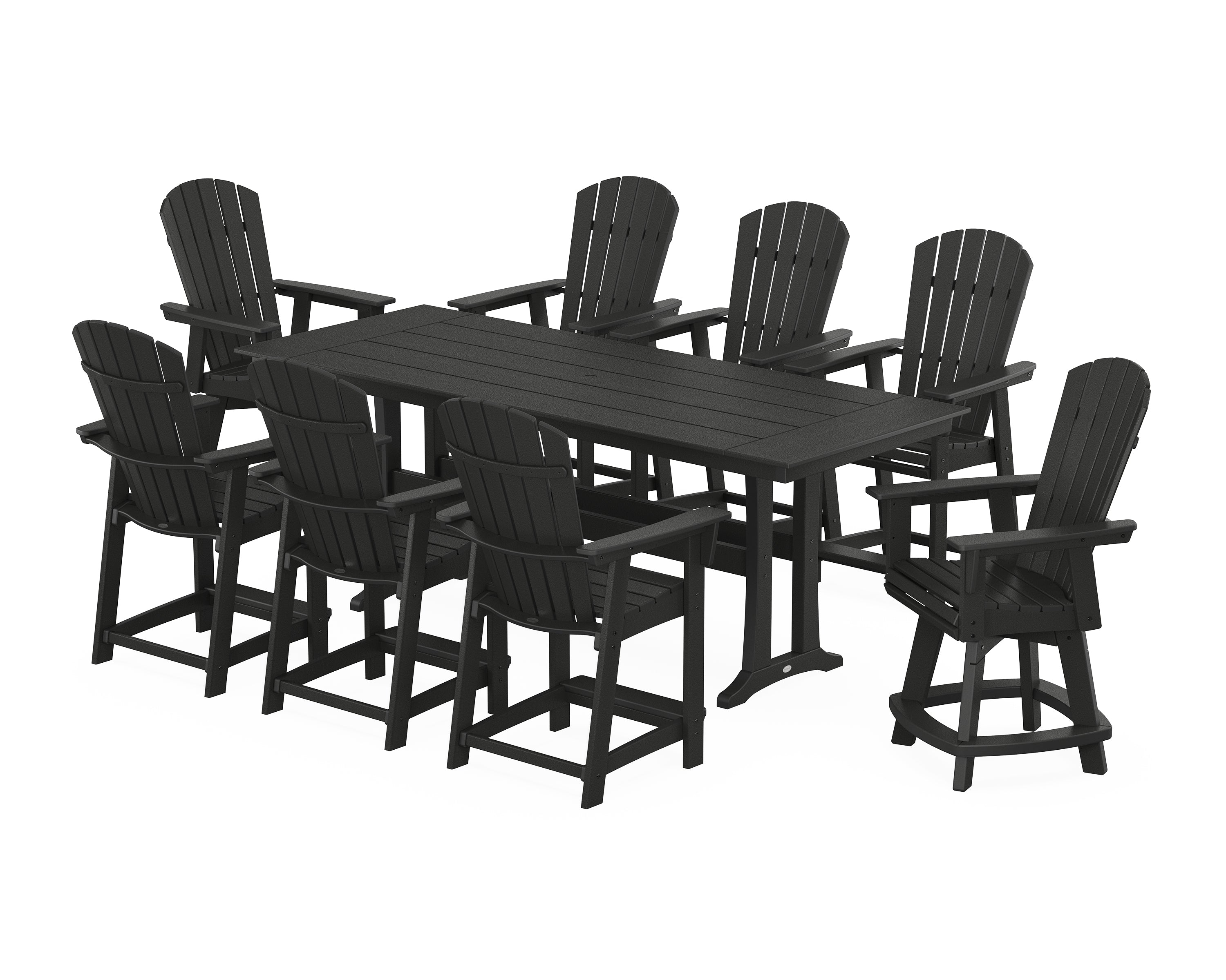 POLYWOOD® Nautical Curveback Adirondack Swivel Chair 9-Piece Farmhouse Counter Set with Trestle Legs in Black