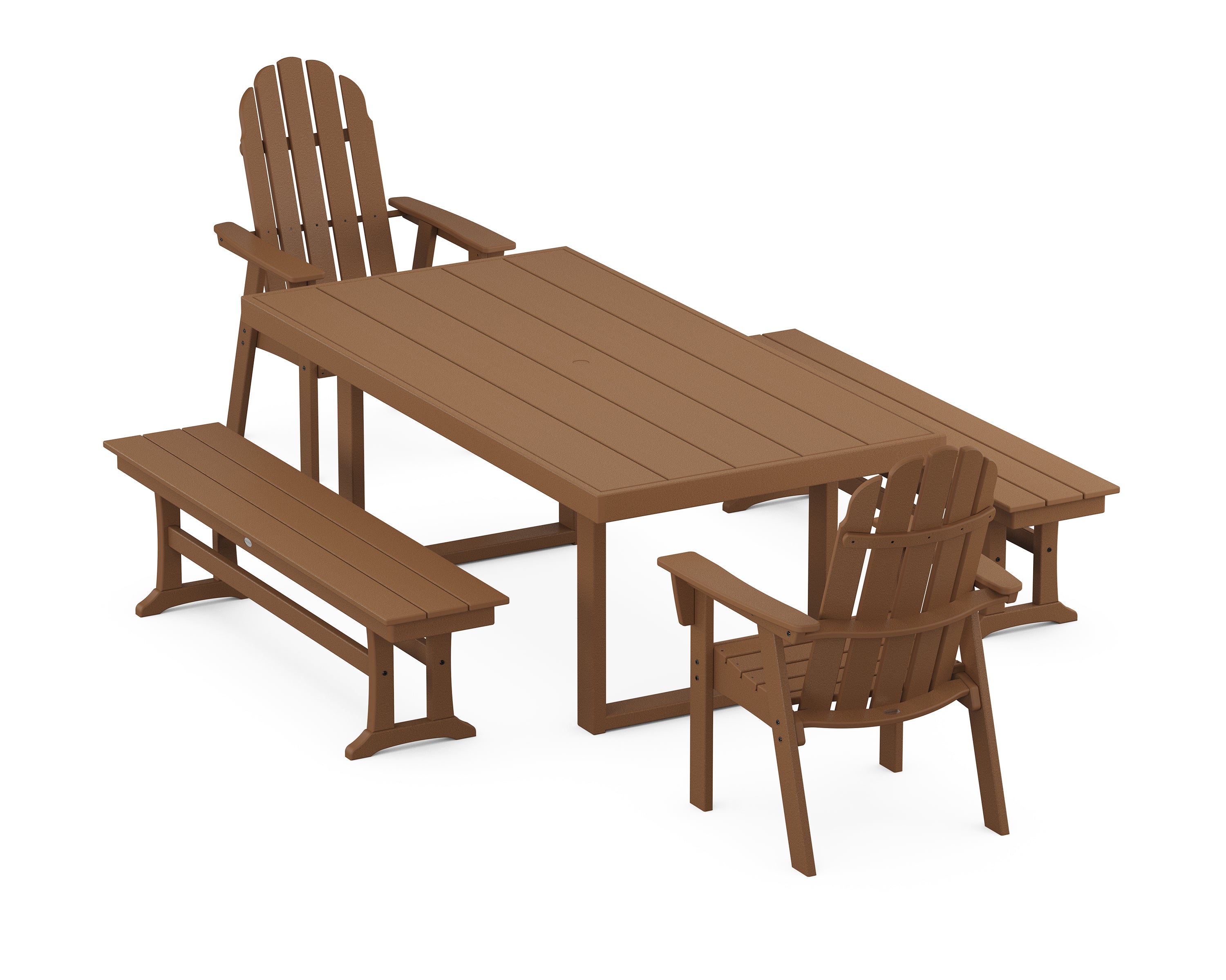 POLYWOOD® Vineyard Adirondack 5-Piece Dining Set with Benches in Teak
