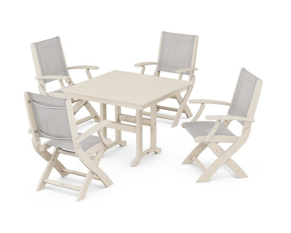 POLYWOOD® Coastal Folding Chair 5-Piece Farmhouse Dining Set in Sand / Parchment Sling