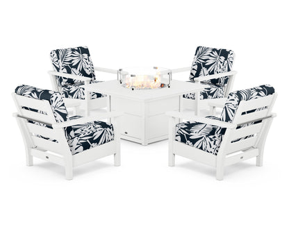 POLYWOOD® Harbour 5-Piece Conversation Set with Fire Pit Table in White / Leaf Marine Indigo