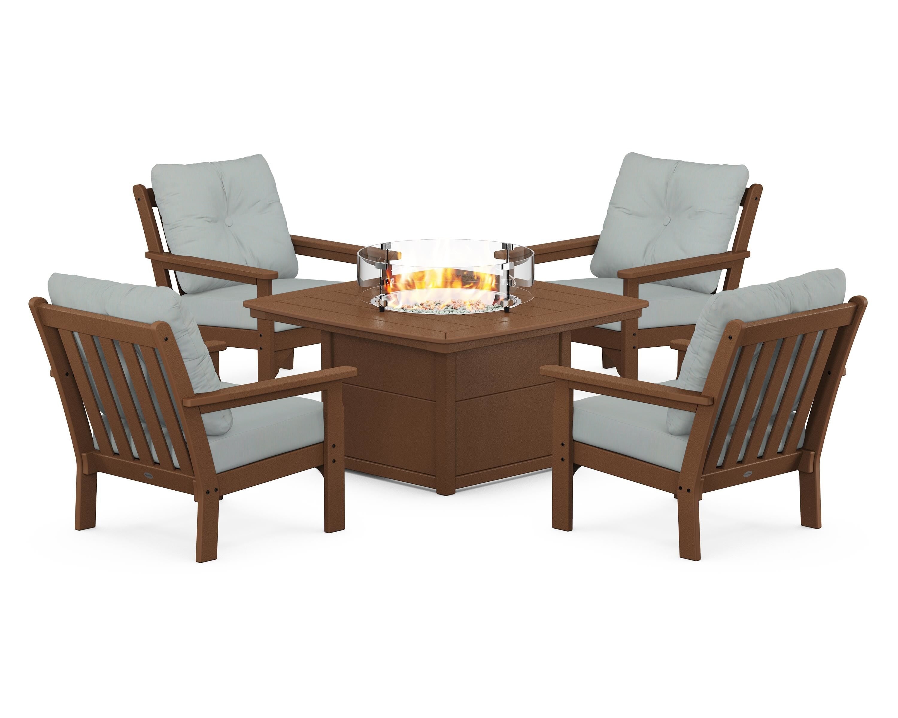 POLYWOOD® Vineyard 5-Piece Conversation Set with Fire Pit Table in Teak / Spa