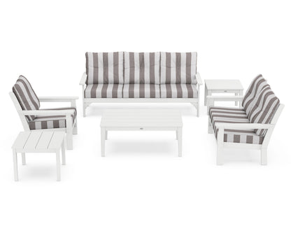 POLYWOOD® Vineyard 6-Piece Deep Seating Set in White / Cabana Stripe Grey Mist