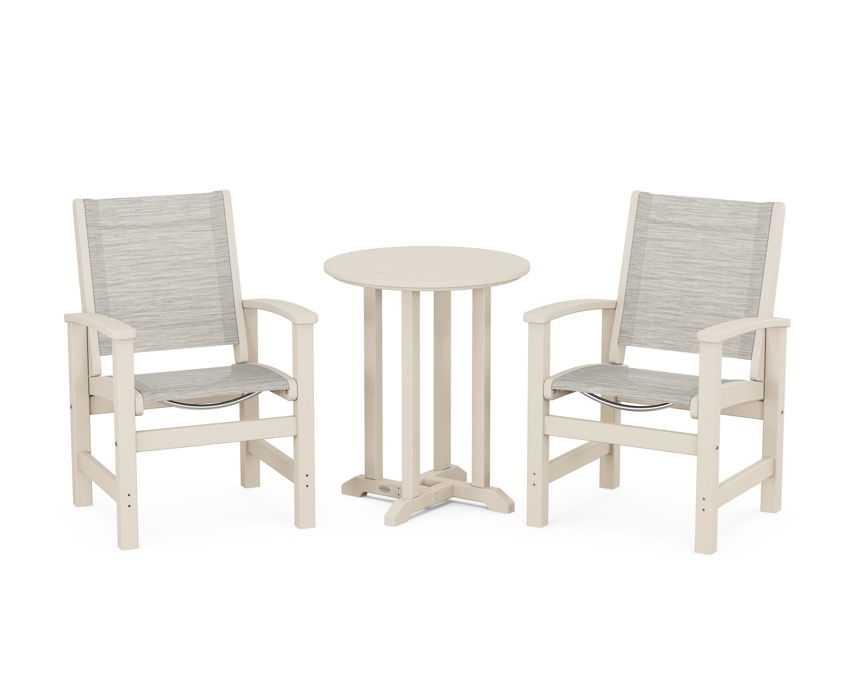 POLYWOOD® Coastal 3-Piece Round Bistro Dining Set in Sand / Birch Sling