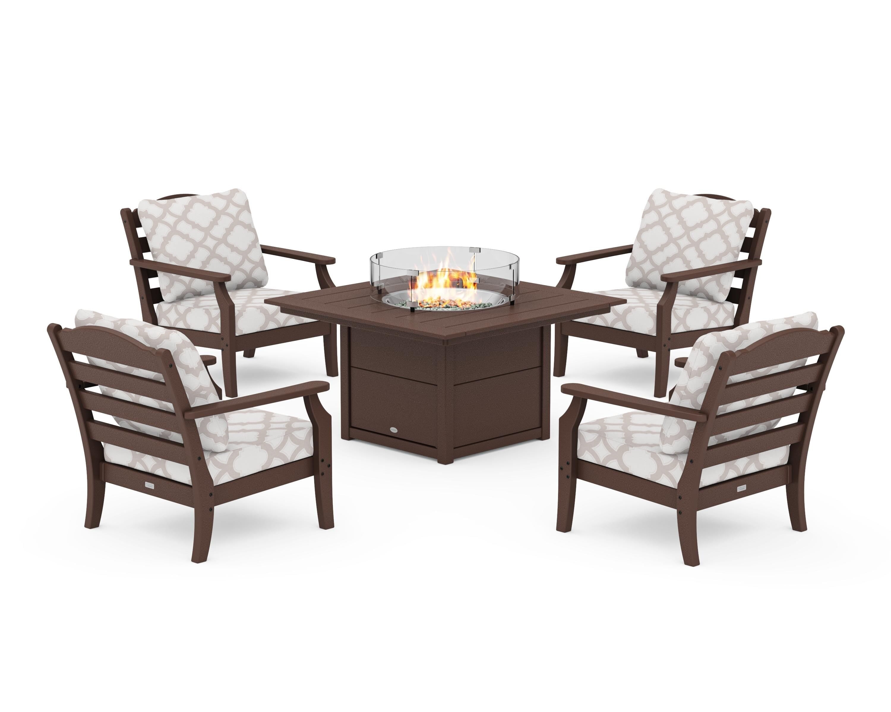 Draper James™ by  POLYWOOD® Savannah 5-Piece Deep Seating Set with Fire Pit Table in Mahogany / Trellis Dune Burlap