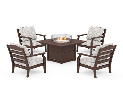 Draper James™ by  POLYWOOD® Savannah 5-Piece Deep Seating Set with Fire Pit Table in Mahogany / Trellis Dune Burlap