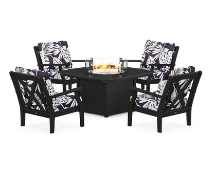 POLYWOOD® Braxton 5-Piece Deep Seating Conversation Set with Fire Pit Table in Black / Leaf Navy