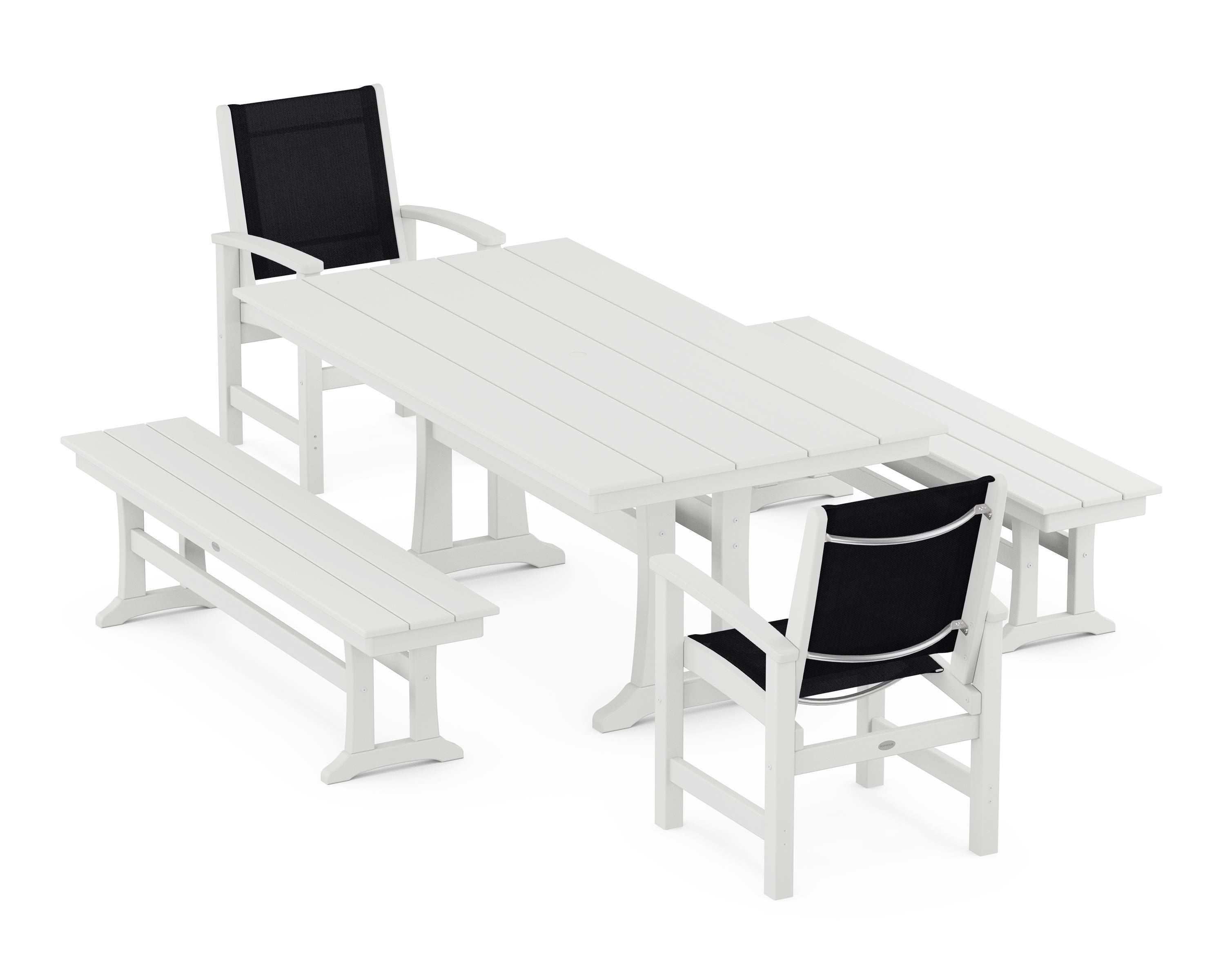 POLYWOOD® Coastal 5-Piece Farmhouse Dining Set with Trestle Legs and Benches in White / Black Sling