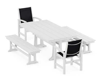 POLYWOOD® Coastal 5-Piece Farmhouse Dining Set with Trestle Legs and Benches in White / Black Sling