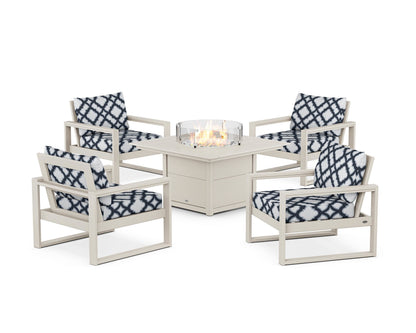POLYWOOD® EDGE Sectional 5-Piece Deep Seating Set with Fire Pit Table in Sand / Trellis Marine Indigo