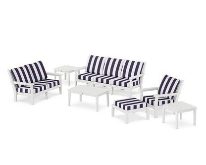 POLYWOOD® Chippendale 7-Piece Deep Seating Set in White / Cabana Stripe Navy