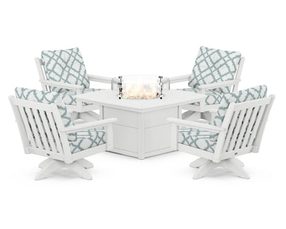 POLYWOOD® Vineyard 5-Piece Deep Seating Swivel Conversation Set with Fire Pit Table in White / Trellis Glacier Spa