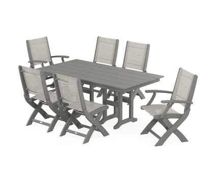 POLYWOOD® Coastal Folding Chair 7-Piece Farmhouse Dining Set in Slate Grey / Birch Sling