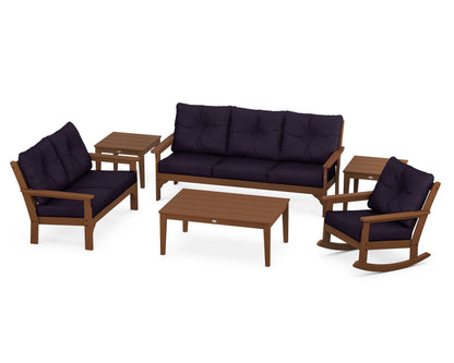 POLYWOOD® Vineyard 6-Piece Deep Seating Set in Teak / Navy Linen