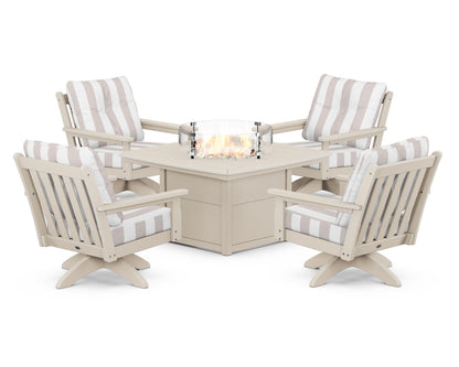POLYWOOD® Vineyard 5-Piece Deep Seating Swivel Conversation Set with Fire Pit Table in Sand / Cabana Stripe Dune Burlap