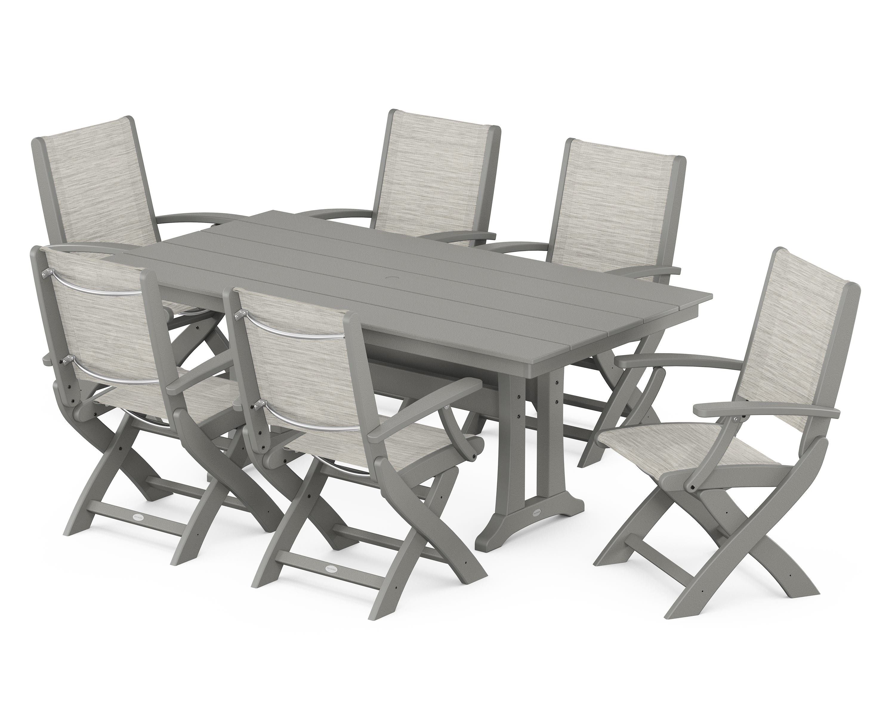 POLYWOOD® Coastal Folding Arm Chair 7-Piece Farmhouse Dining Set with Trestle Legs in Slate Grey / Birch Sling