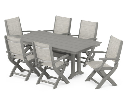 POLYWOOD® Coastal Folding Arm Chair 7-Piece Farmhouse Dining Set with Trestle Legs in Slate Grey / Birch Sling