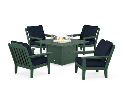 Country Living Cottage 5-Piece Deep Seating Set with Fire Pit Table in Green / Marine Indigo