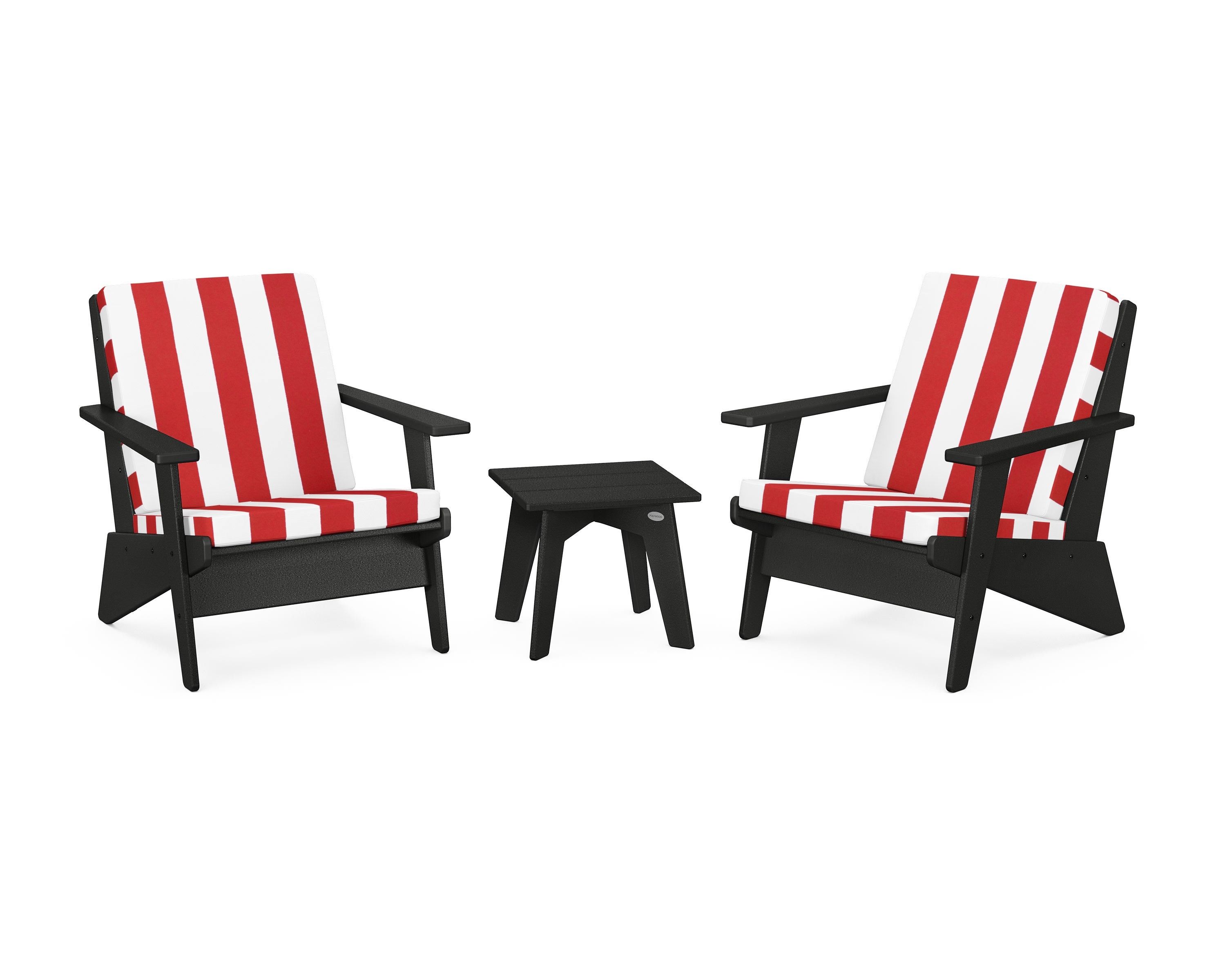 POLYWOOD® Riviera Modern Lounge 3-Piece Set in Black / Cabana Stripe Crimson