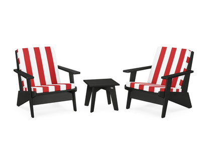 POLYWOOD® Riviera Modern Lounge 3-Piece Set in Black / Cabana Stripe Crimson