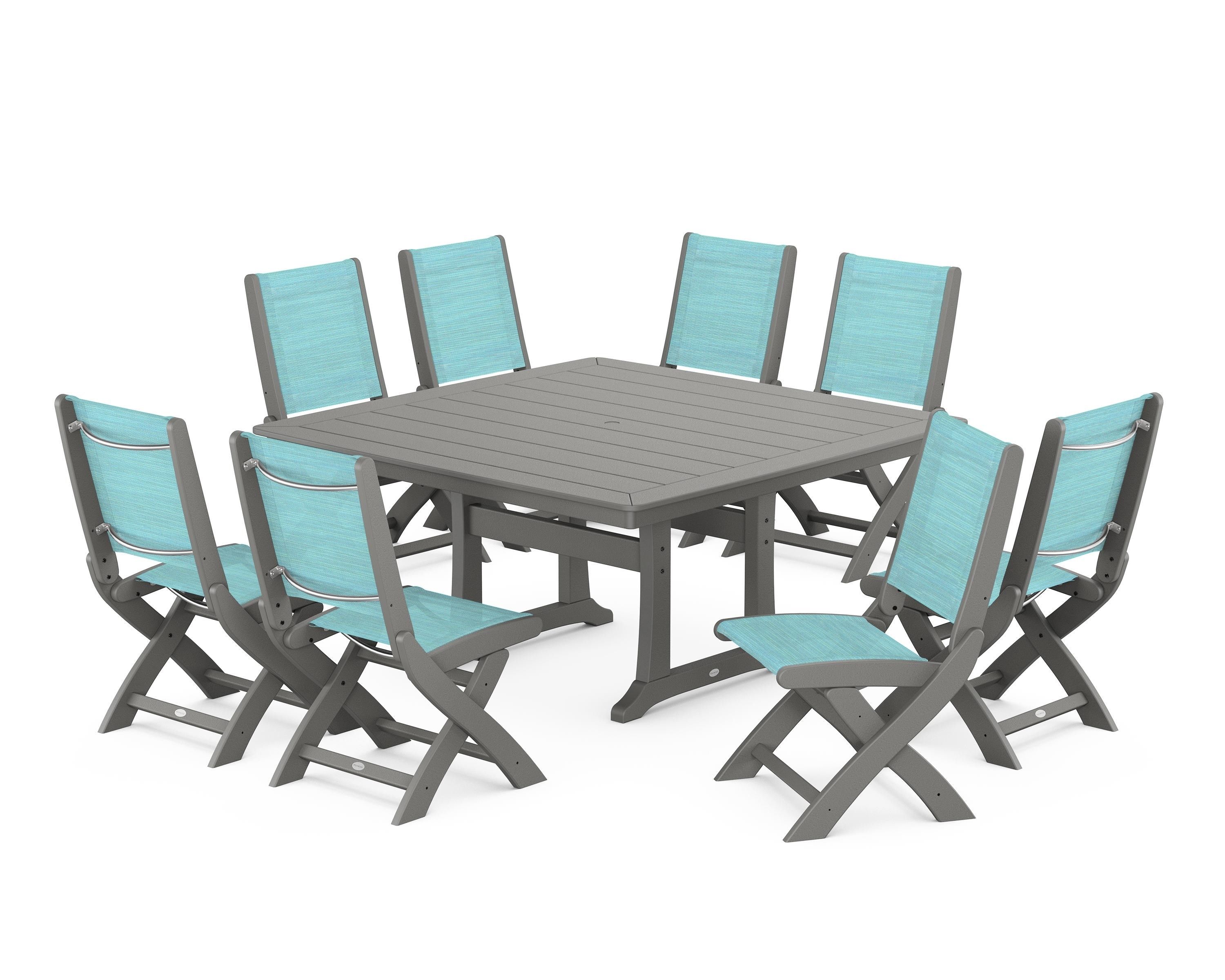 POLYWOOD® Coastal Folding Side Chair 9-Piece Dining Set with Trestle Legs in Slate Grey / Dupioni Aquamarine Sling