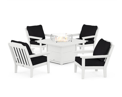 Country Living Cottage 5-Piece Deep Seating Set with Fire Pit Table in White / Midnight Linen