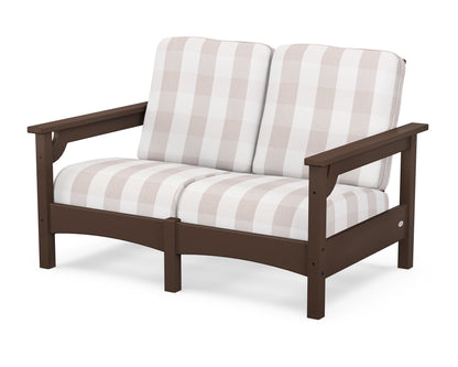 POLYWOOD® Club Loveseat in Mahogany / Buffalo Plaid Dune Burlap