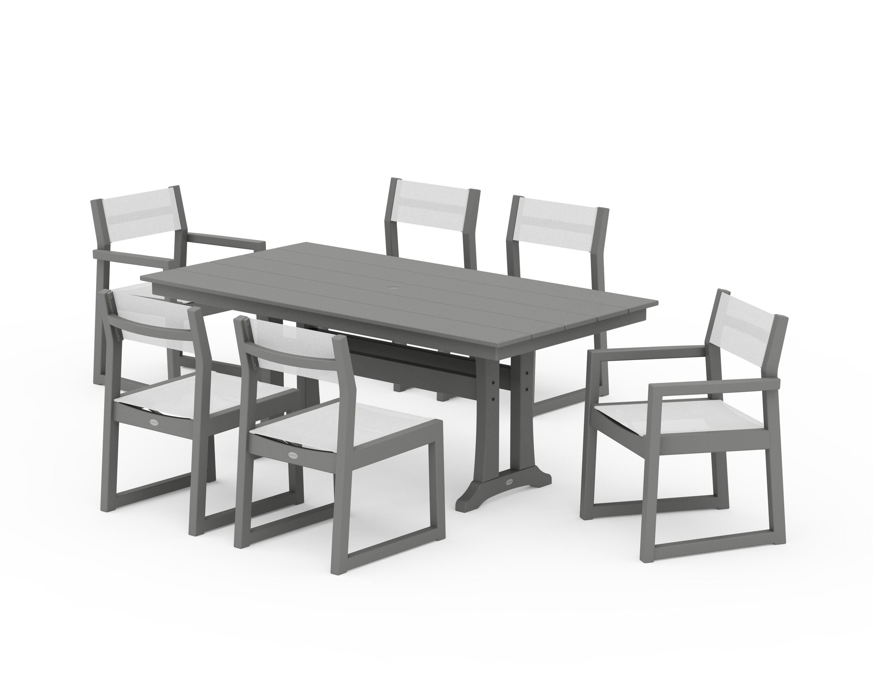 POLYWOOD® EDGE Sling 7-Piece Farmhouse Trestle Dining Set in Slate Grey / White Sling