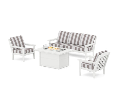Country Living Cottage Deep Seating Fire Pit Table Set in White / Cabana Stripe Grey Mist