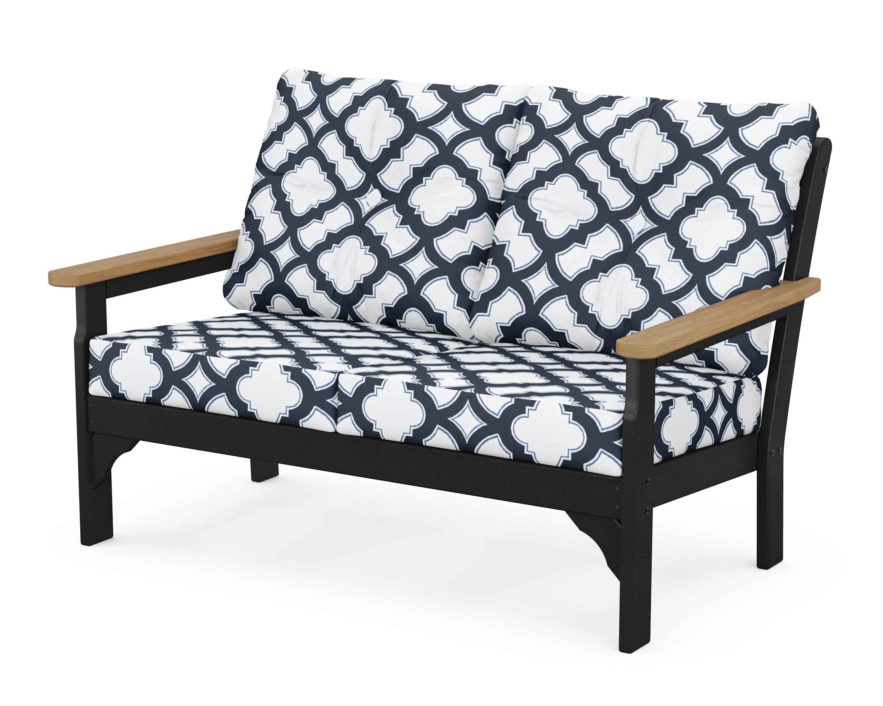 POLYWOOD® Vineyard Deep Seating Loveseat in Black / Natural / Trellis Marine Indigo