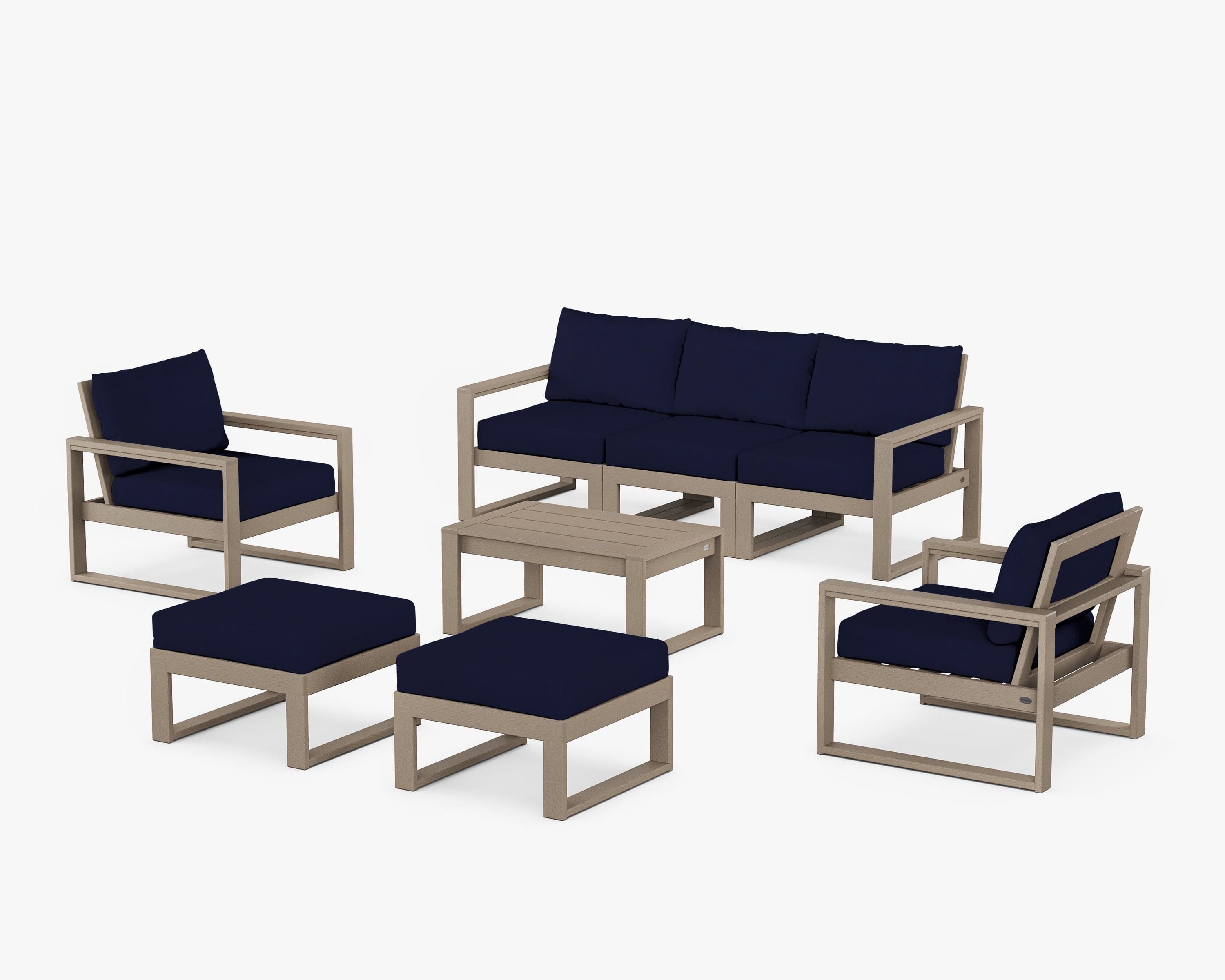 POLYWOOD® EDGE Sectional 8-Piece Lounge Sofa Set in Vintage Sahara / Navy