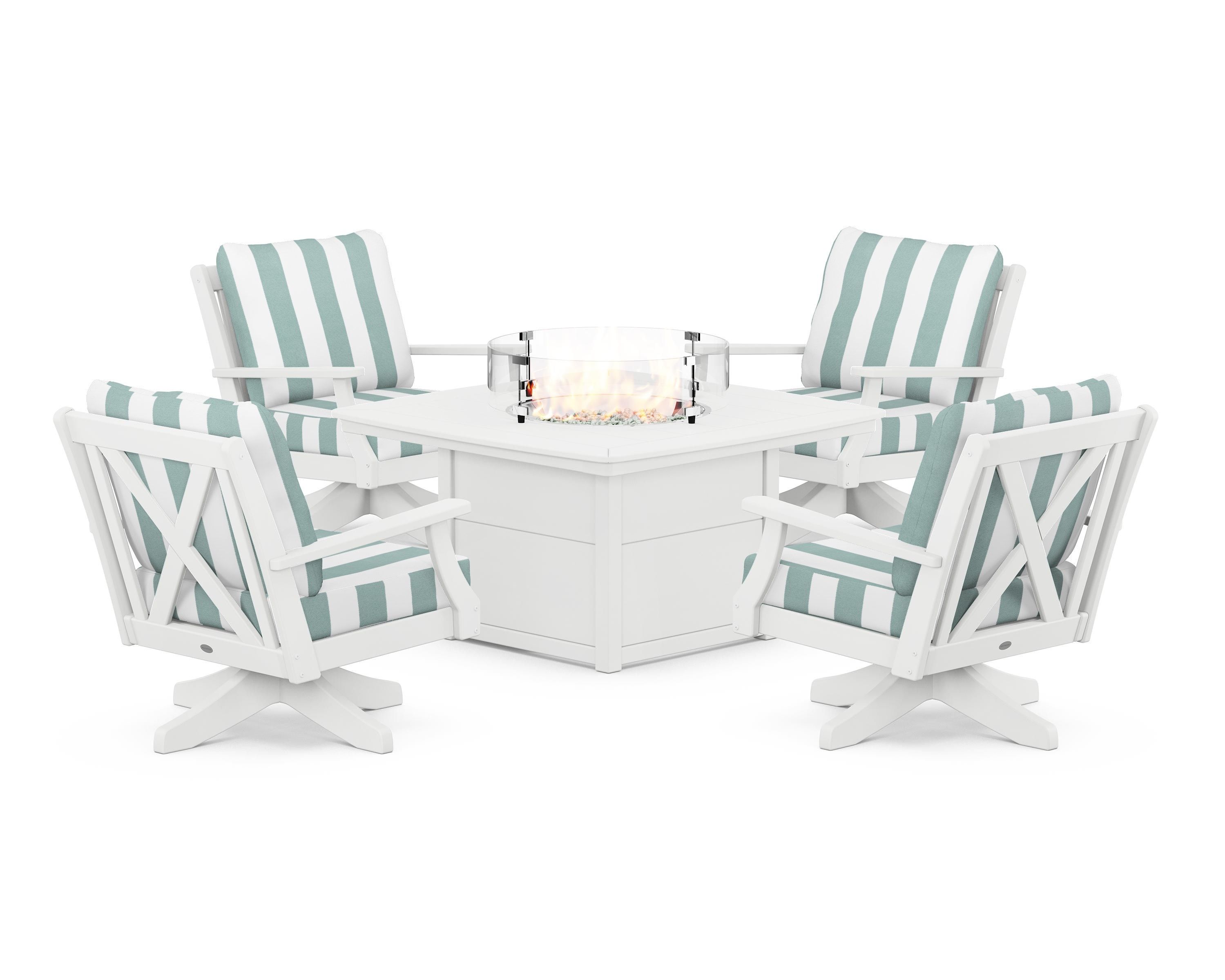 POLYWOOD® Braxton 5-Piece Deep Seating Swivel Conversation Set with Fire Pit Table in White / Cabana Stripe Glacier Spa