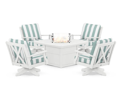 POLYWOOD® Braxton 5-Piece Deep Seating Swivel Conversation Set with Fire Pit Table in White / Cabana Stripe Glacier Spa