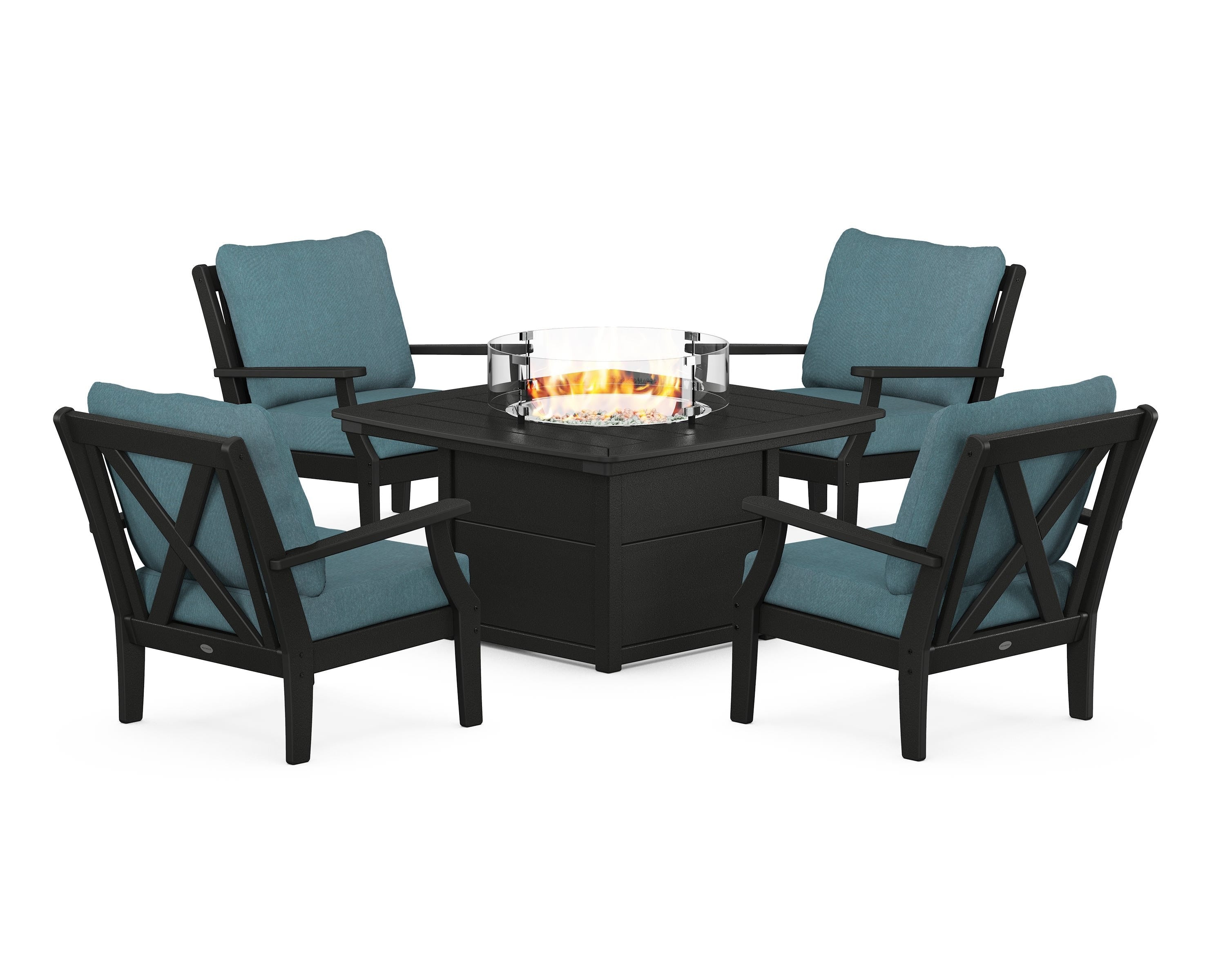 POLYWOOD® Braxton 5-Piece Deep Seating Conversation Set with Fire Pit Table in Black / Ocean Teal