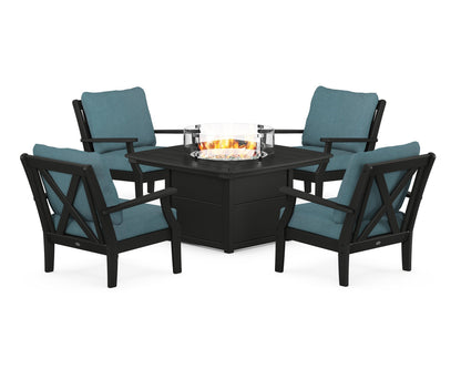 POLYWOOD® Braxton 5-Piece Deep Seating Conversation Set with Fire Pit Table in Black / Ocean Teal