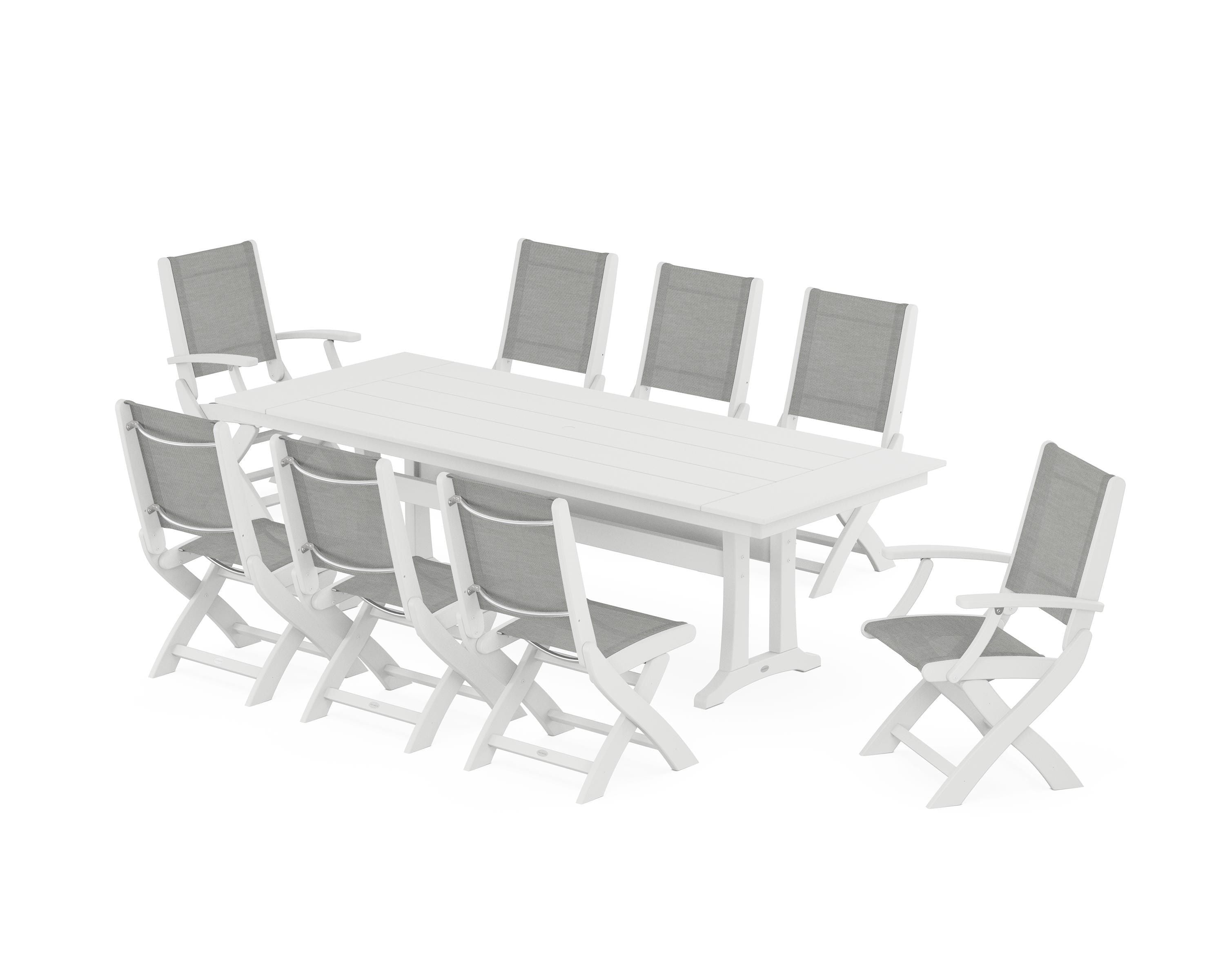 POLYWOOD® Coastal 9-Piece Folding Dining Chair Farmhouse Dining Set with Trestle Legs in White / Metallic Sling
