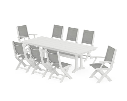 POLYWOOD® Coastal 9-Piece Folding Dining Chair Farmhouse Dining Set with Trestle Legs in White / Metallic Sling