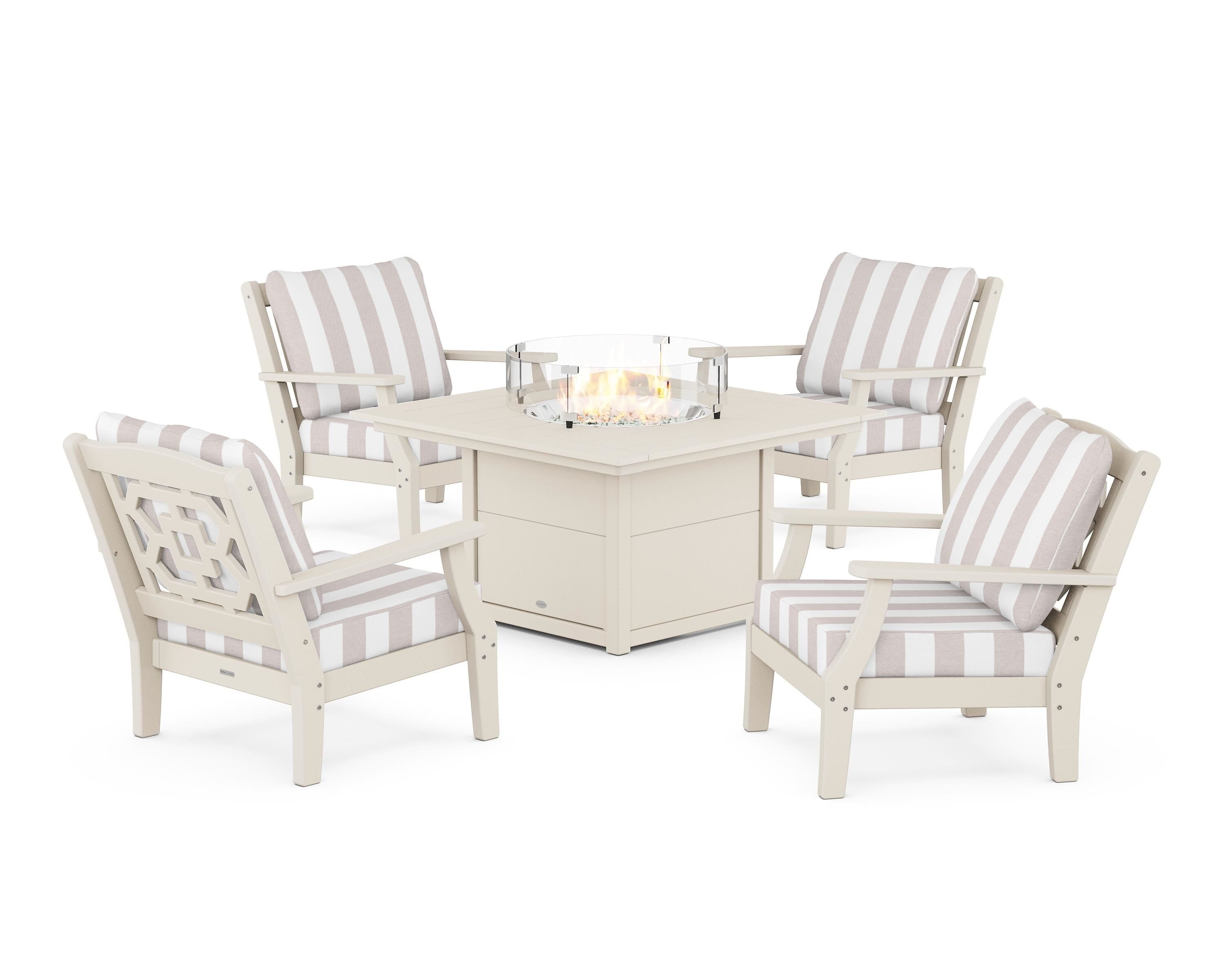 Martha Stewart by POLYWOOD® Chinoiserie 5-Piece Deep Seating Set with Fire Pit Table in Sand / Cabana Stripe Dune Burlap