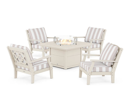 Martha Stewart by POLYWOOD® Chinoiserie 5-Piece Deep Seating Set with Fire Pit Table in Sand / Cabana Stripe Dune Burlap