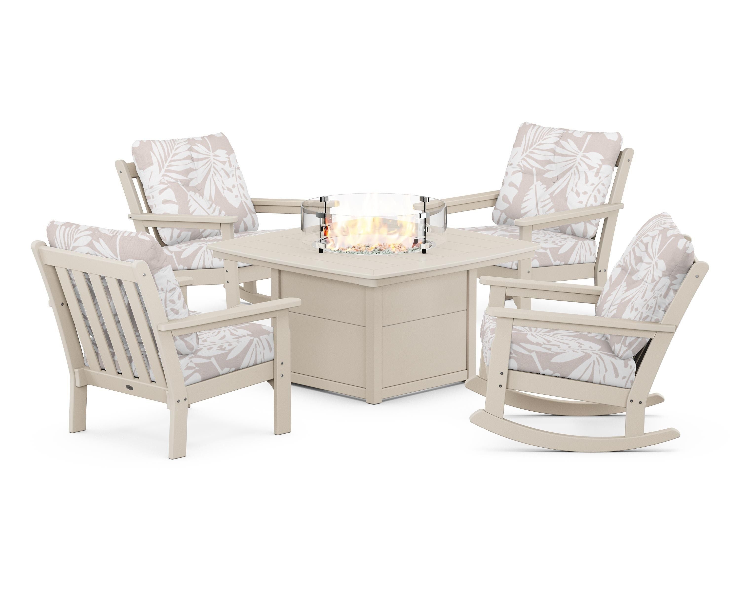 POLYWOOD® Vineyard 5-Piece Deep Seating Rocking Chair Conversation Set with Fire Pit Table in Sand / Leaf Dune Burlap