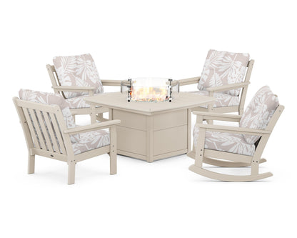 POLYWOOD® Vineyard 5-Piece Deep Seating Rocking Chair Conversation Set with Fire Pit Table in Sand / Leaf Dune Burlap
