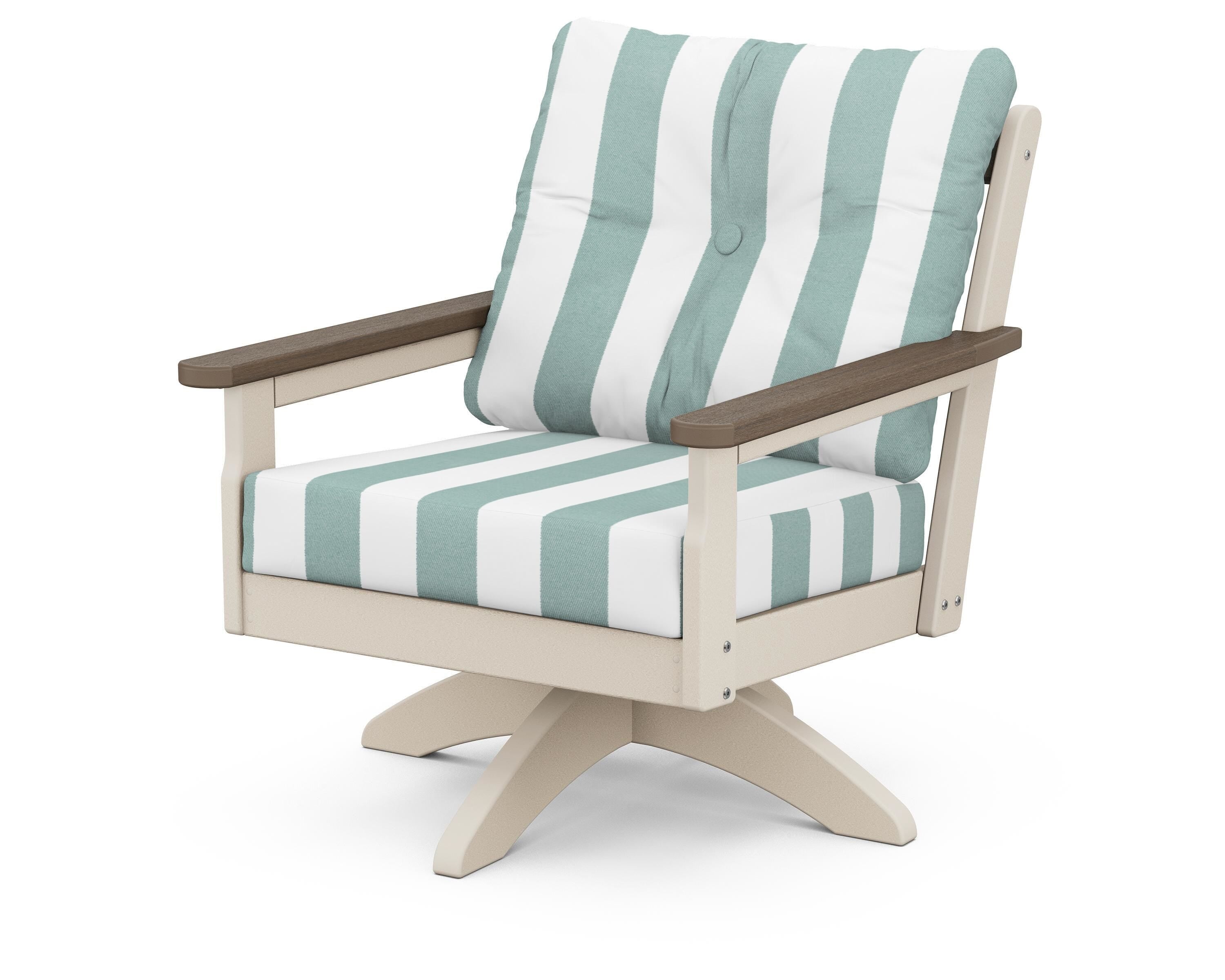 POLYWOOD® Vineyard Deep Seating Swivel Chair in Sand / Kona / Cabana Stripe Glacier Spa