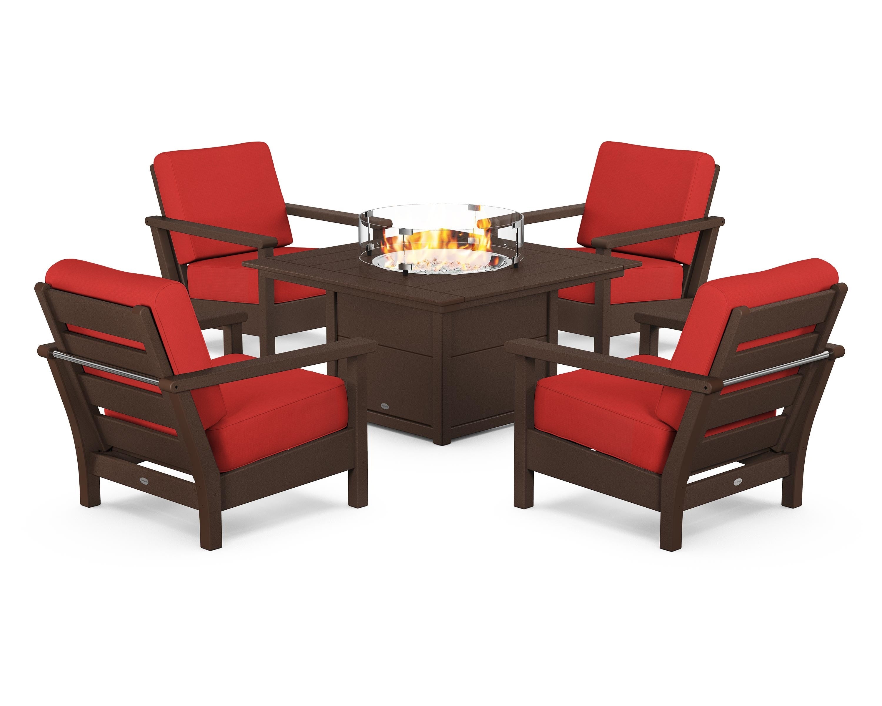 POLYWOOD® Harbour 5-Piece Conversation Set with Fire Pit Table in Mahogany / Crimson Linen