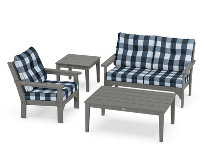 POLYWOOD® Vineyard 4-Piece Deep Seating Set in Slate Grey / Buffalo Plaid Marine Indigo