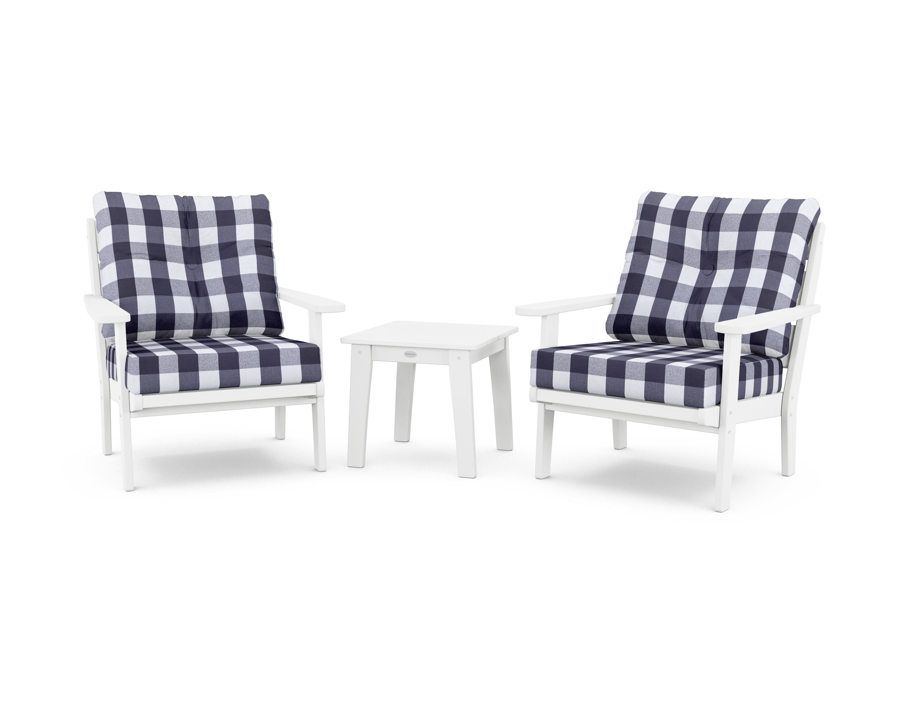 POLYWOOD® Lakeside 3-Piece Deep Seating Chair Set in White / Buffalo Plaid Navy